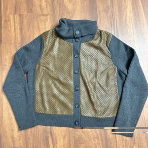 AK ANNE KLEIN Gray Brown Cardigan Jacket LEATHER SILK WOOL XL